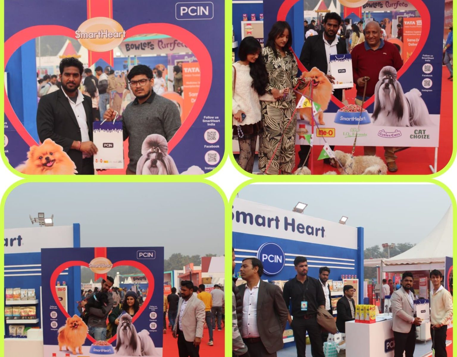 SmartHeart and Me-O booth at Pet Fed Delhi 2025 with visitors, pet products, and brand displays featuring dogs and cats.