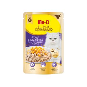 Me-O delite wet cat food pouch with tuna and cheese in gravy for adult cats