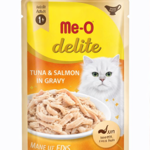 Me-O delite Tuna and Salmon in Gravy wet cat food pouch with white cat image on yellow and orange packaging