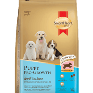 SmartHeart Gold Puppy Pro-Growth dog food bag with three puppies and growth formula details on packaging